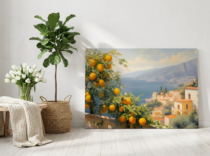 Stretched canvas wall art leaning against the wall in a bright Scandinavian living room