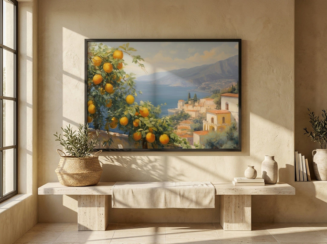 Oversized statement modern wall art print styled on the wall in a Mediterranean living room
