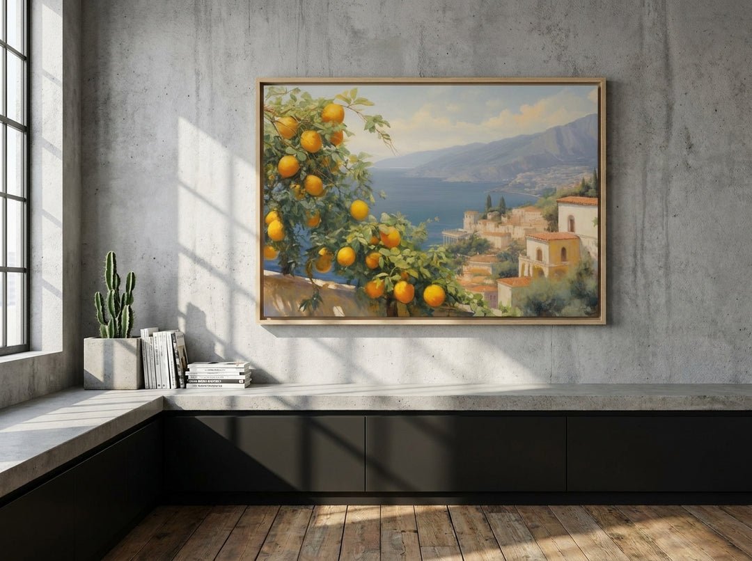 Canvas wall art with a natural timber surround styled on the wall in an industrial loft kitchen