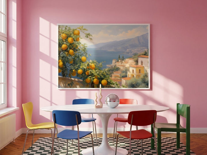 Modern wall art print styled on the wall in a colourful eclectic dining room
