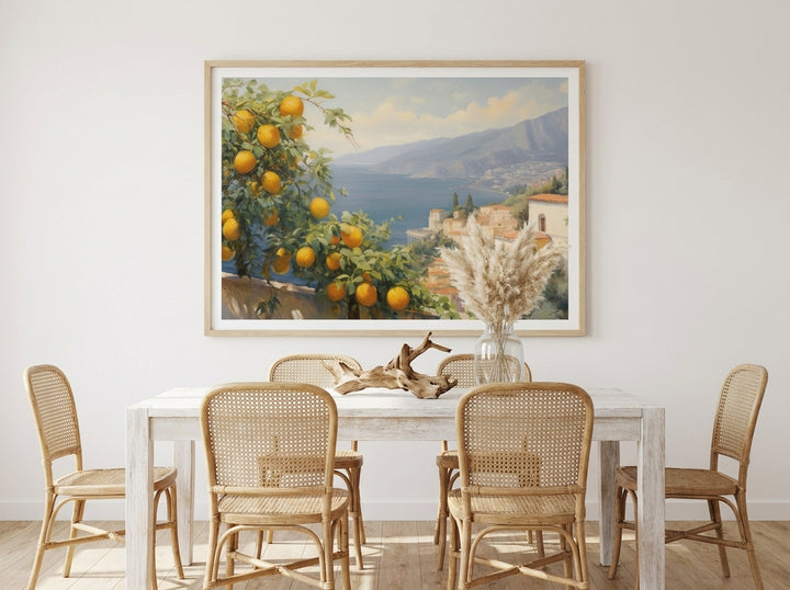 Modern wall art print styled on the wall in a coastal dining room