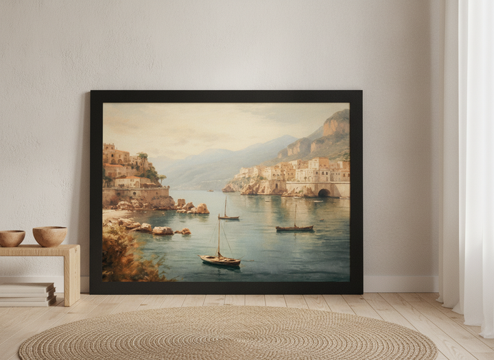 Oversized statement modern wall art print leaning against the wall in a warm Japandi living room