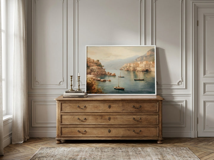 Modern wall art print standing on a sideboard in a Parisian home office