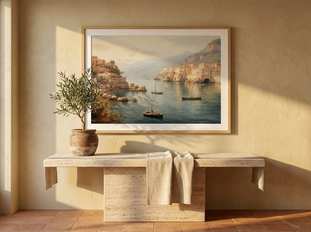 Modern wall art print styled on the wall in a Mediterranean living room