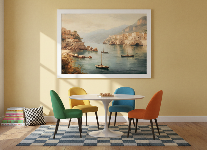Modern wall art print styled on the wall in a colourful eclectic dining room