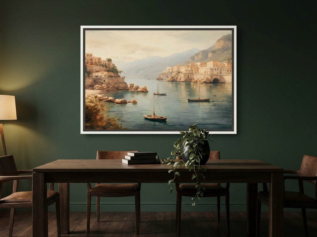 Canvas wall art with a white surround styled on the wall in a moody dining room