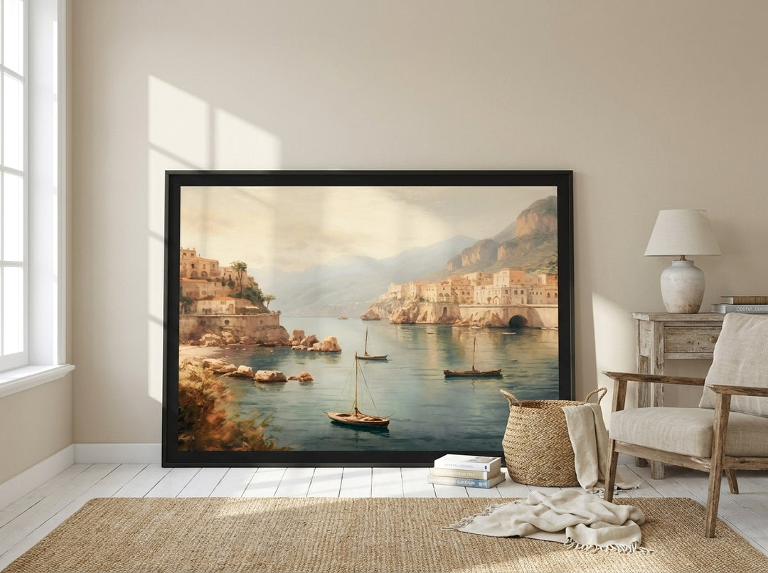 Oversized statement modern wall art print leaning against the wall in a coastal dining room