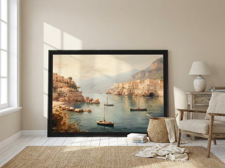 Oversized statement modern wall art print leaning against the wall in a coastal dining room