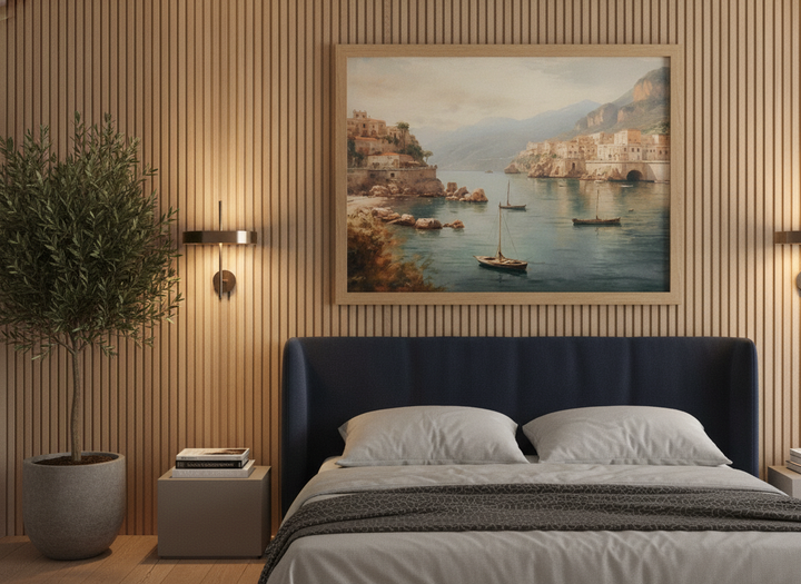 Modern wall art print styled on the wall in a luxe bedroom