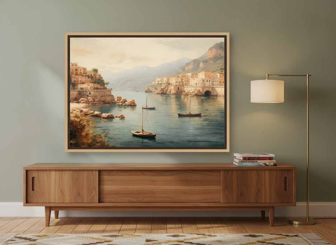 Canvas wall art with a natural timber surround standing on a sideboard in a mid-century bedroom
