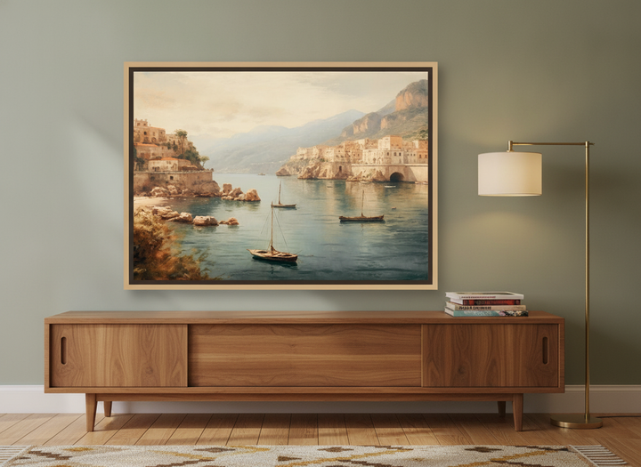 Canvas wall art with a natural timber surround standing on a sideboard in a mid-century bedroom