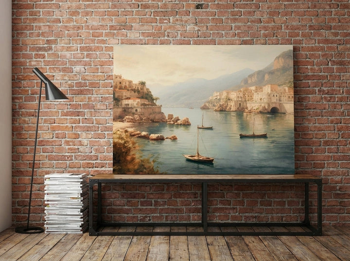 Stretched canvas wall art standing on a console in an industrial loft home office