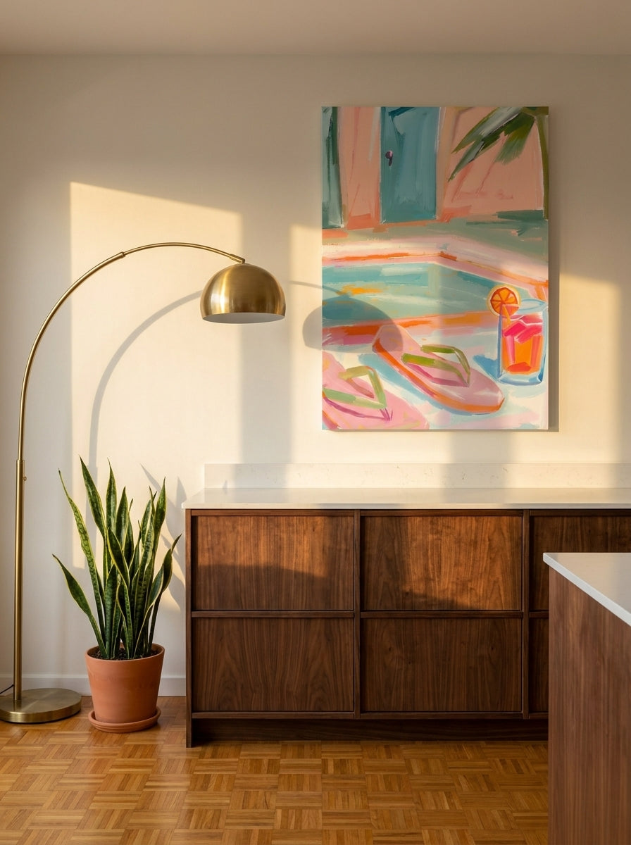 Stretched canvas wall art styled on the wall in a mid-century kitchen