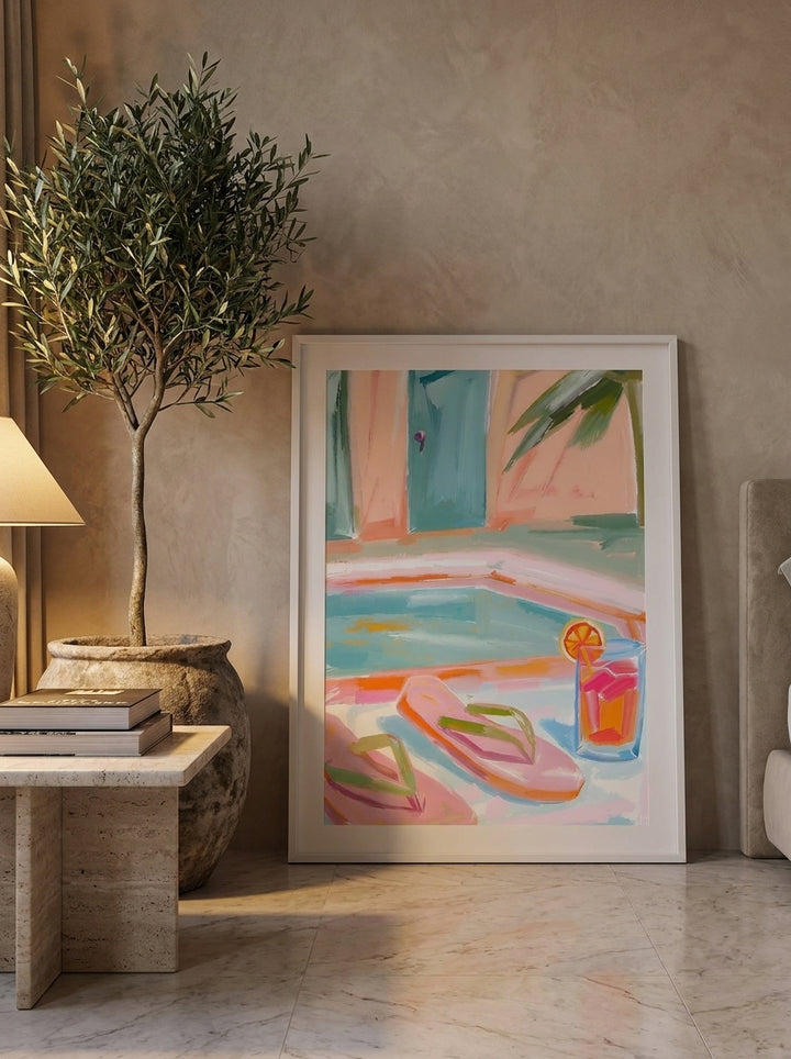 Modern wall art print leaning against the wall in a luxe bedroom