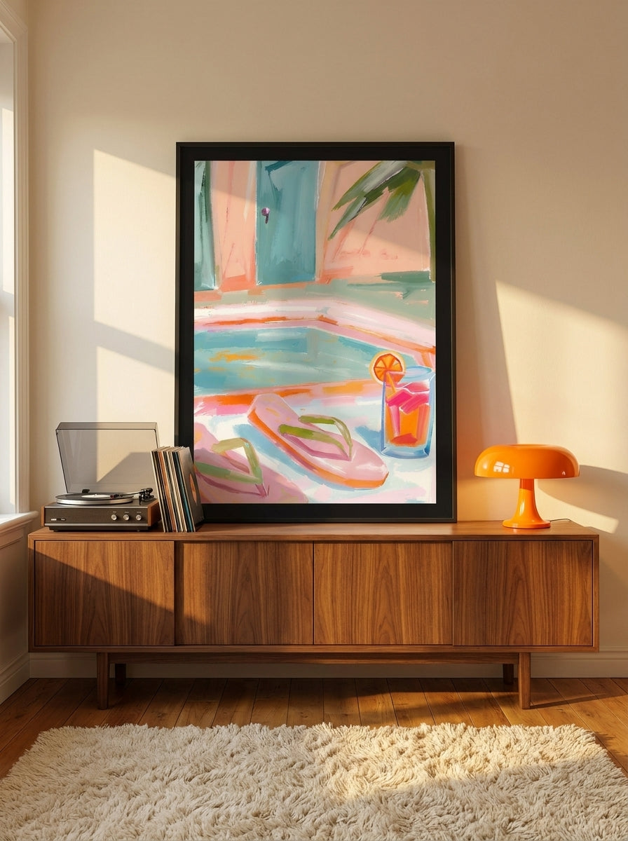 Modern wall art print standing on a sideboard in a retro 70s living room