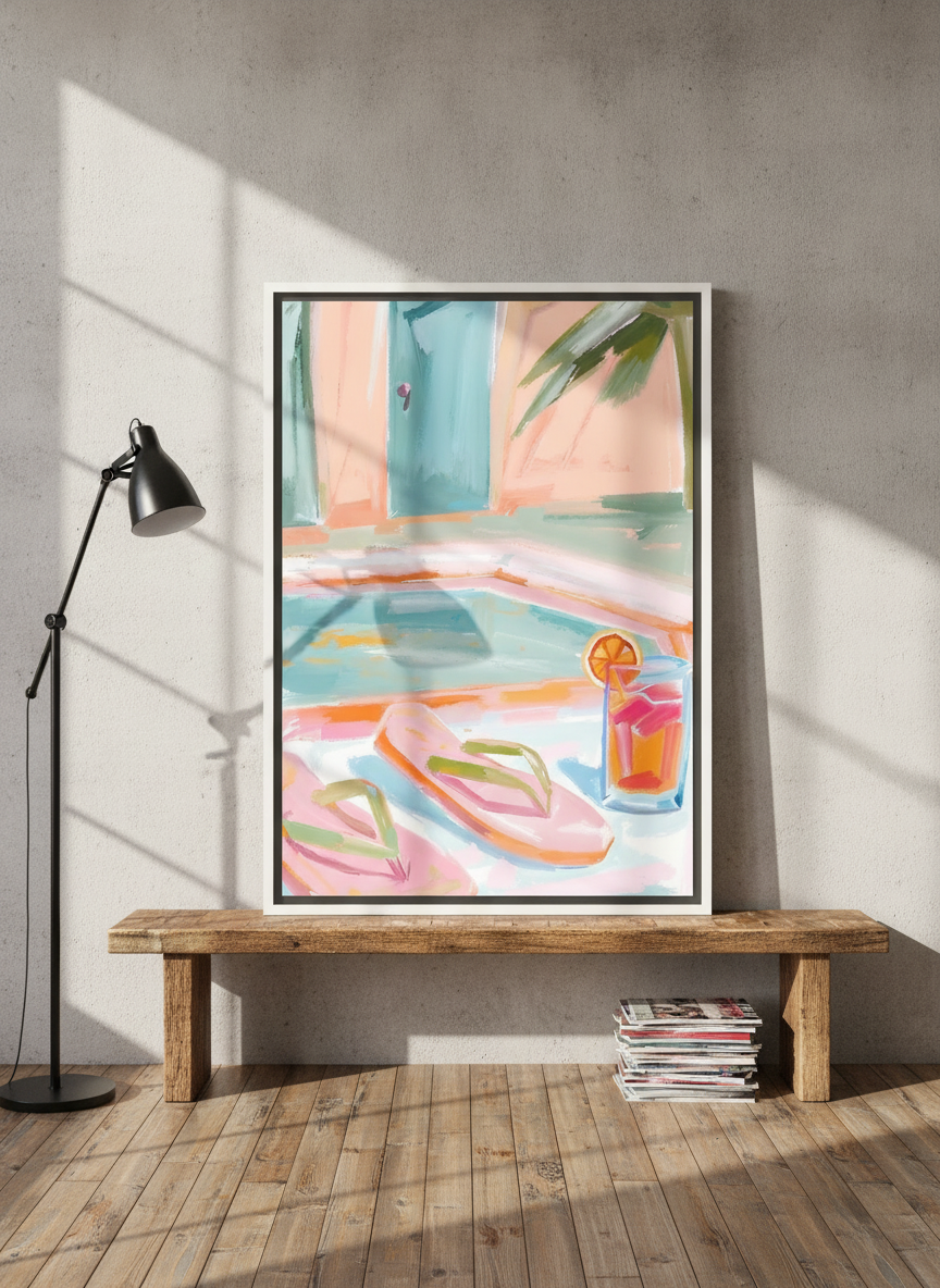 Canvas wall art with a white surround standing on a bench in an industrial loft bedroom