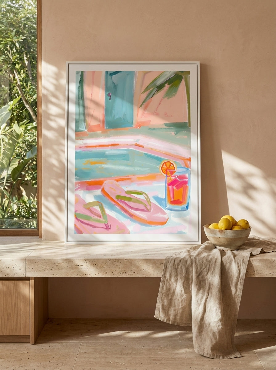 Modern wall art print standing on a kitchen bench in a Mediterranean kitchen