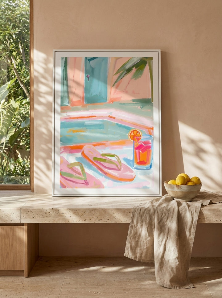 Modern wall art print standing on a kitchen bench in a Mediterranean kitchen