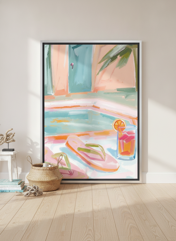 Oversized statement canvas wall art with a silver leaf surround leaning against the wall in a coastal dining room
