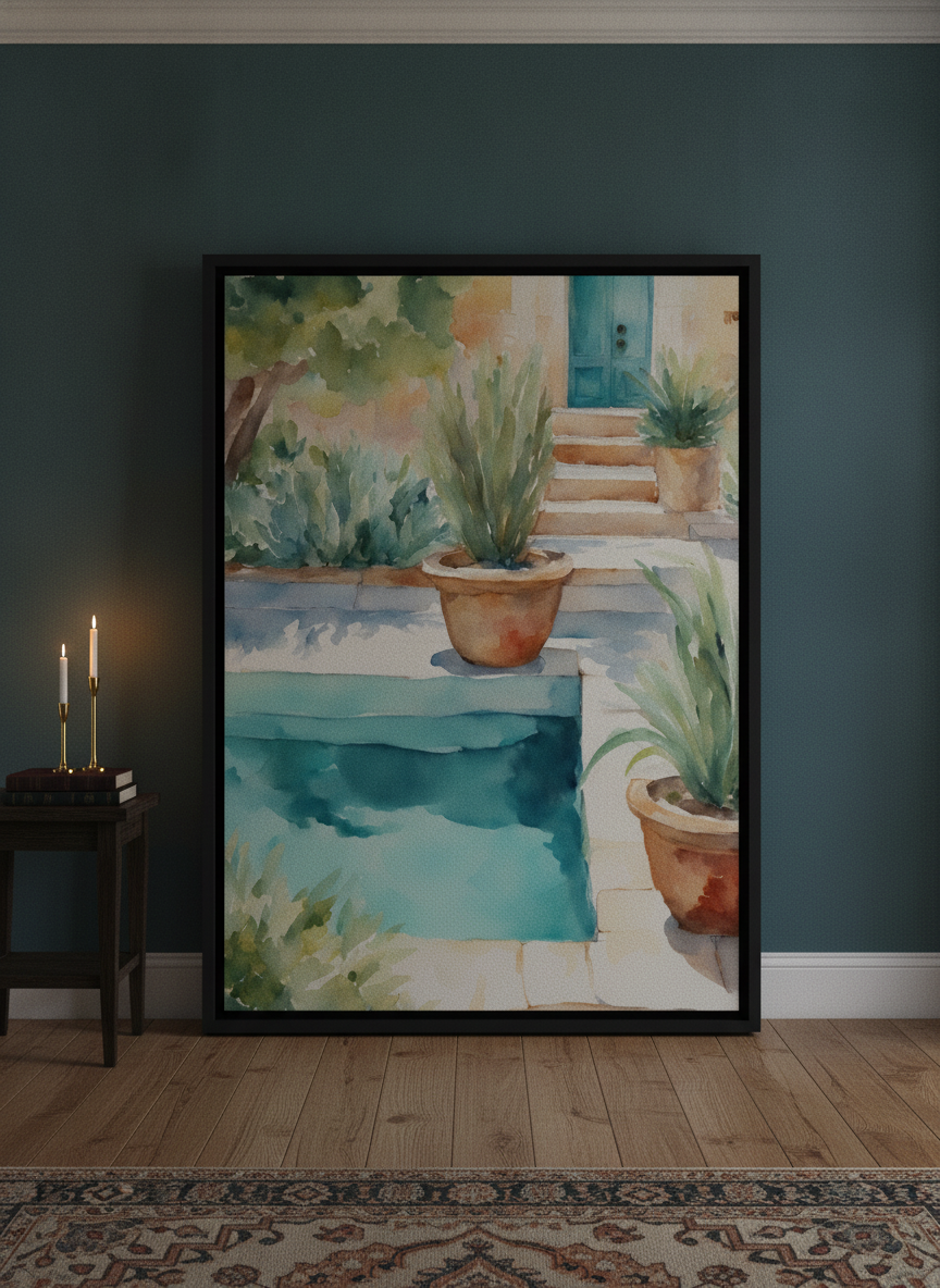 Oversized statement canvas wall art with a black surround leaning against the wall in a moody dining room