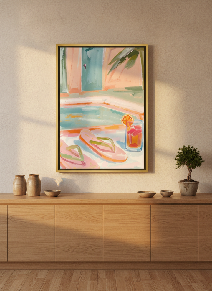 Canvas wall art with a gold leaf surround styled on the wall in a warm Japandi kitchen