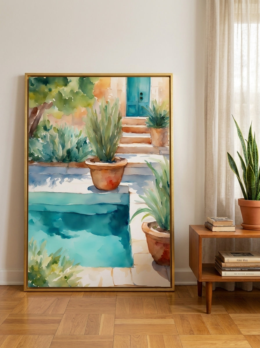 Oversized statement canvas wall art with a gold leaf surround leaning against the wall in a mid-century living room