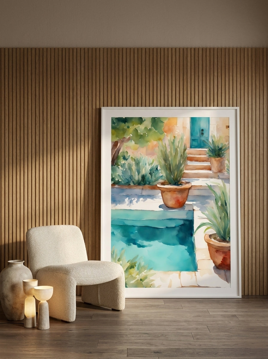 Oversized statement modern wall art print leaning against the wall in a luxe living room