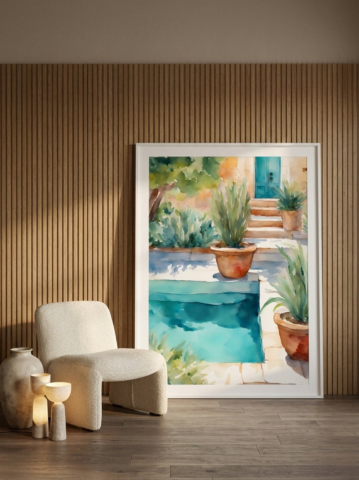 Oversized statement modern wall art print leaning against the wall in a luxe living room