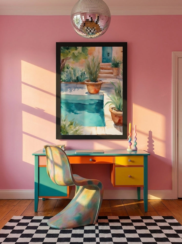 Modern wall art print styled on the wall in a colourful eclectic home office