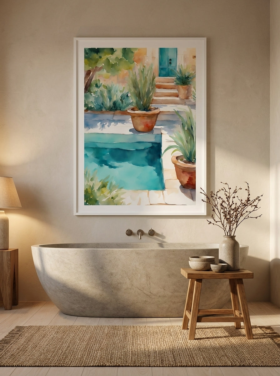 Modern wall art print styled on the wall in a warm Japandi bathroom