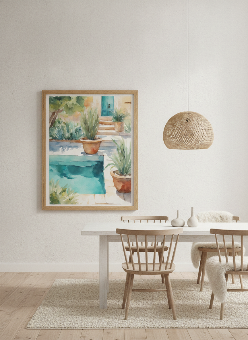 Oversized statement modern wall art print styled on the wall in a bright Scandinavian dining room