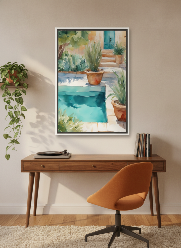 Canvas wall art with a white surround styled on the wall in a retro 70s home office