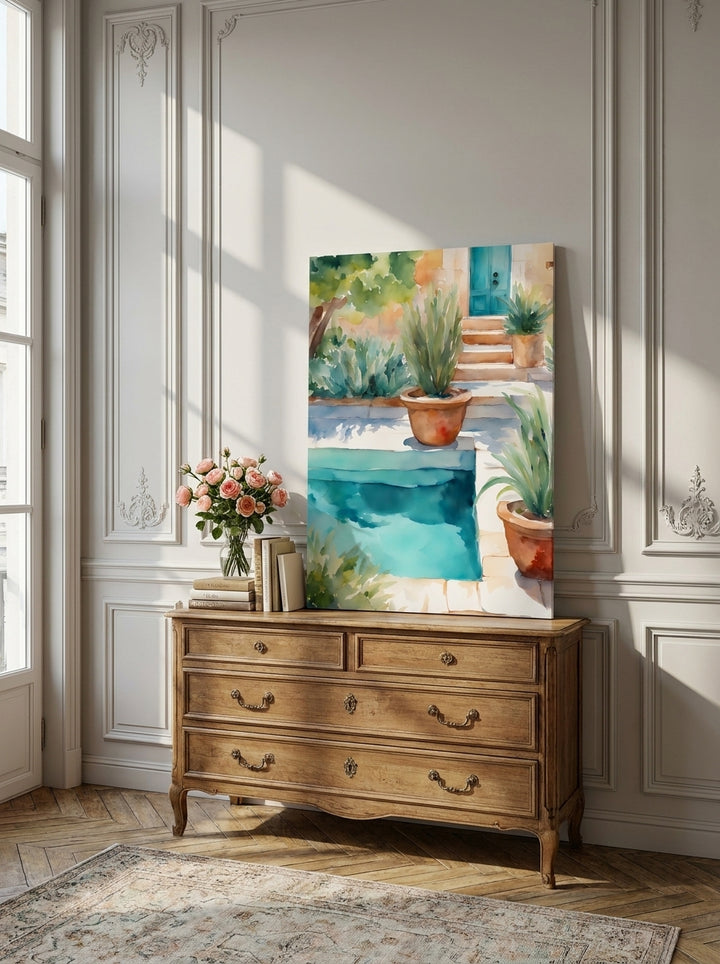 Stretched canvas wall art standing on a sideboard in a Parisian bedroom