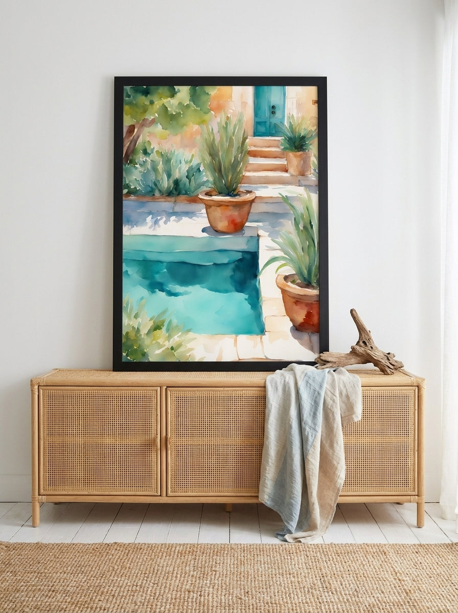 Modern wall art print standing on a sideboard in a coastal bedroom
