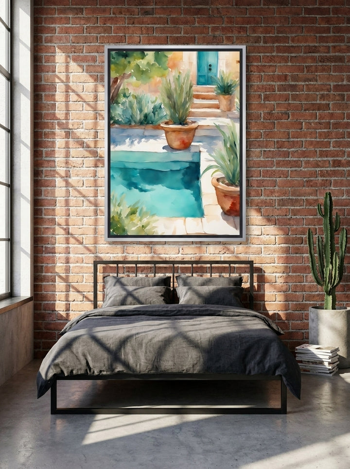Canvas wall art with a silver leaf surround styled on the wall in an industrial loft bedroom