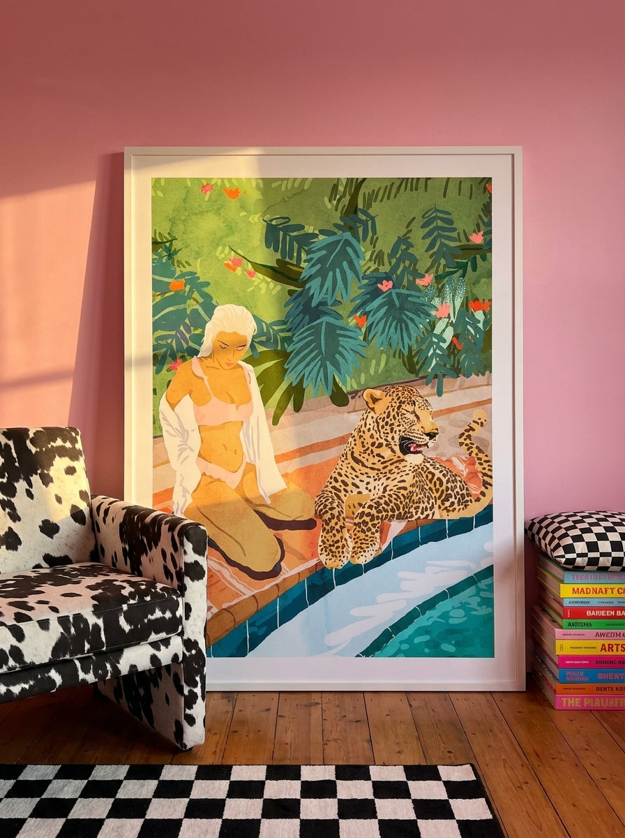 Oversized statement modern wall art print leaning against the wall in a colourful eclectic bedroom