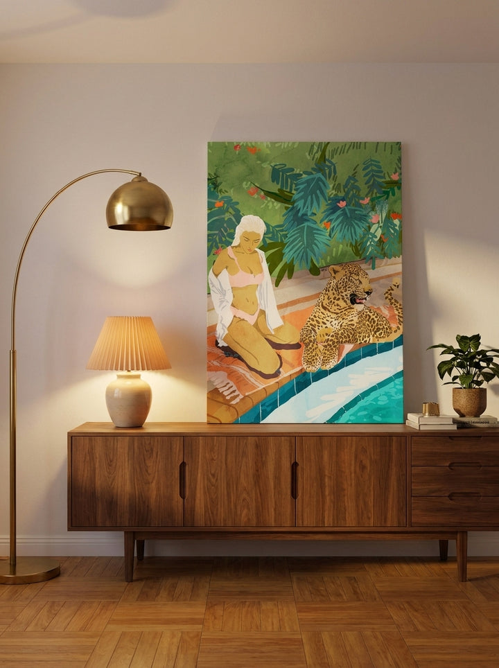 Stretched canvas wall art standing on a sideboard in a mid-century bedroom