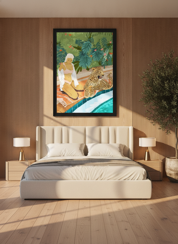 Oversized statement modern wall art print styled on the wall in a luxe bedroom