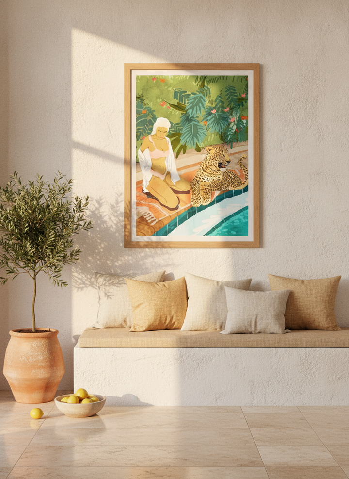 Modern wall art print styled on the wall in a Mediterranean living room