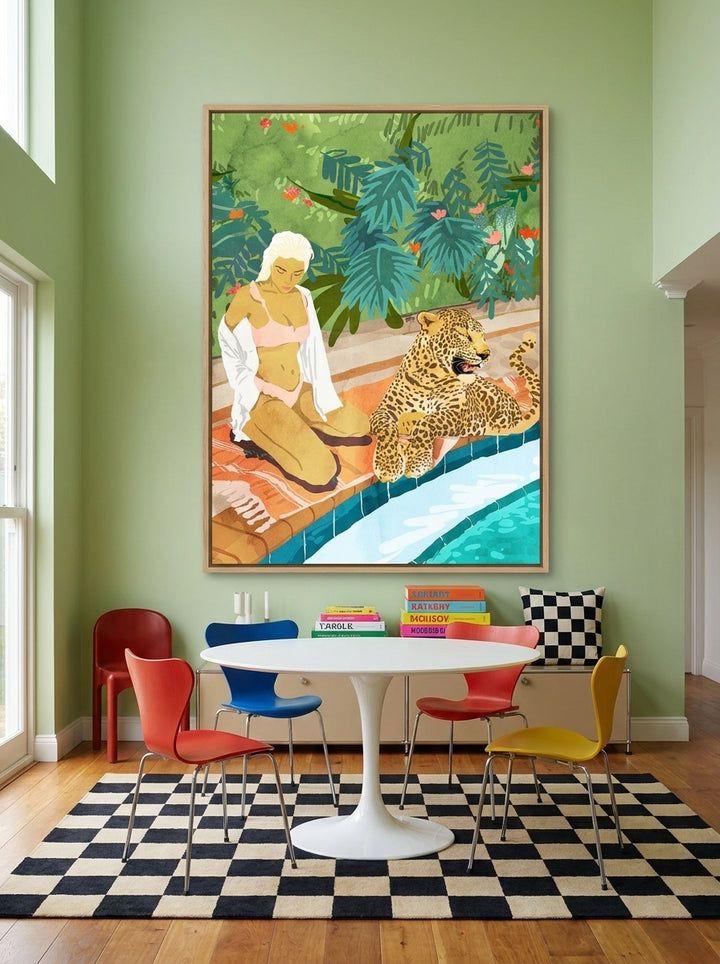 Oversized statement canvas wall art with a natural timber surround styled on the wall in a colourful eclectic dining room