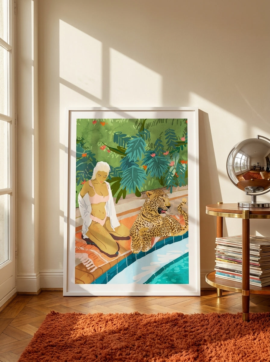 Modern wall art print leaning against the wall in a retro 70s living room