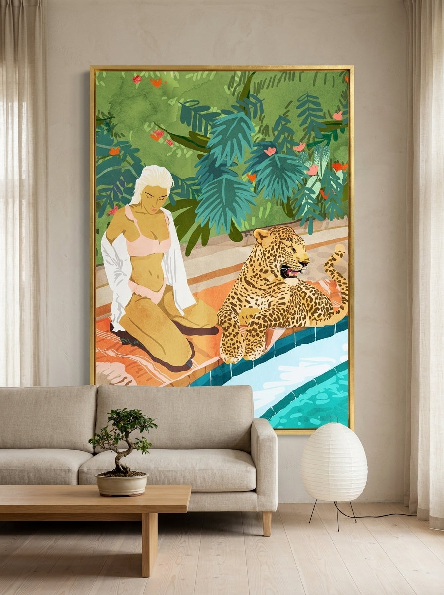 Canvas wall art with a gold leaf surround styled on the wall in a warm Japandi living room
