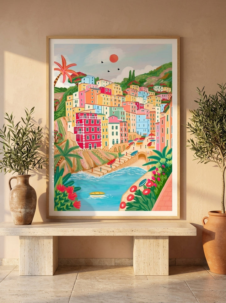 Modern wall art print styled on the wall in a Mediterranean living room