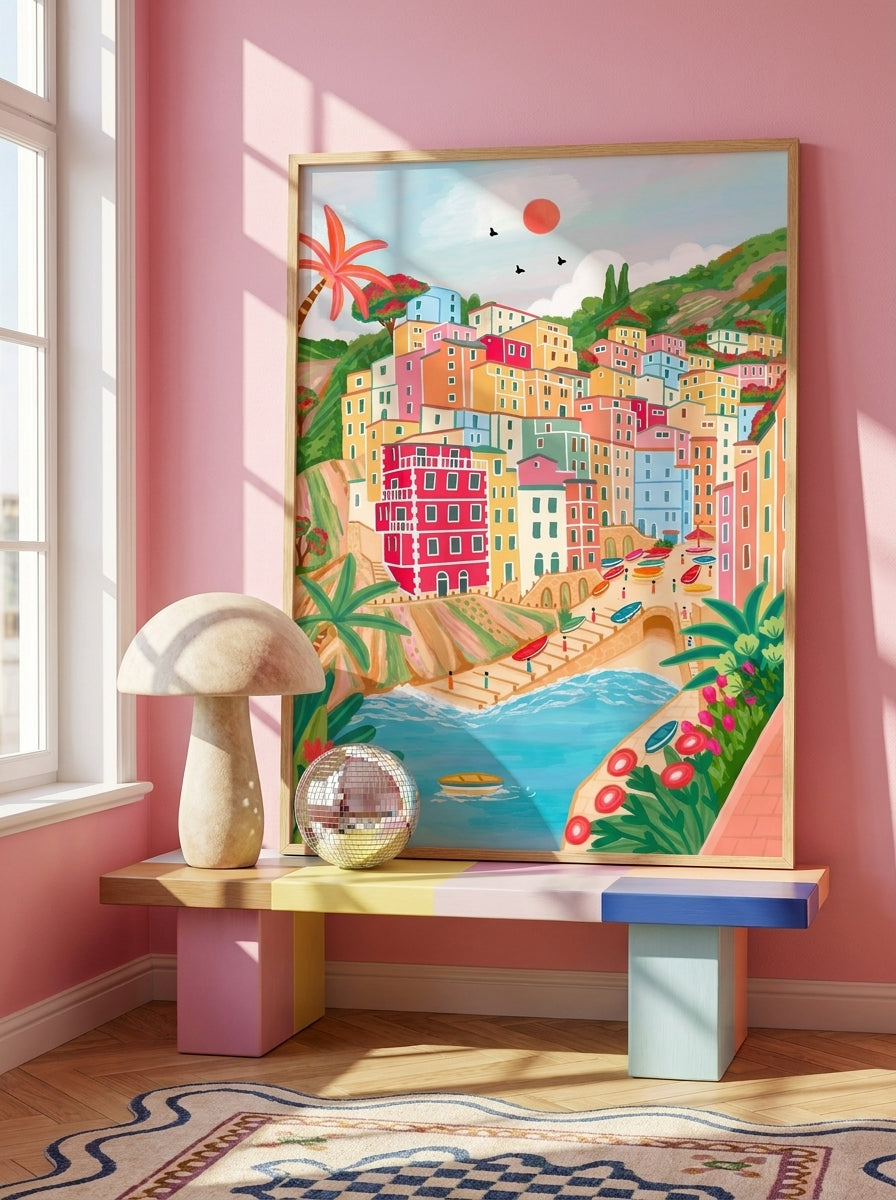 Modern wall art print standing on a side table in a colourful eclectic living room