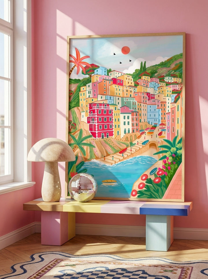 Modern wall art print standing on a side table in a colourful eclectic living room