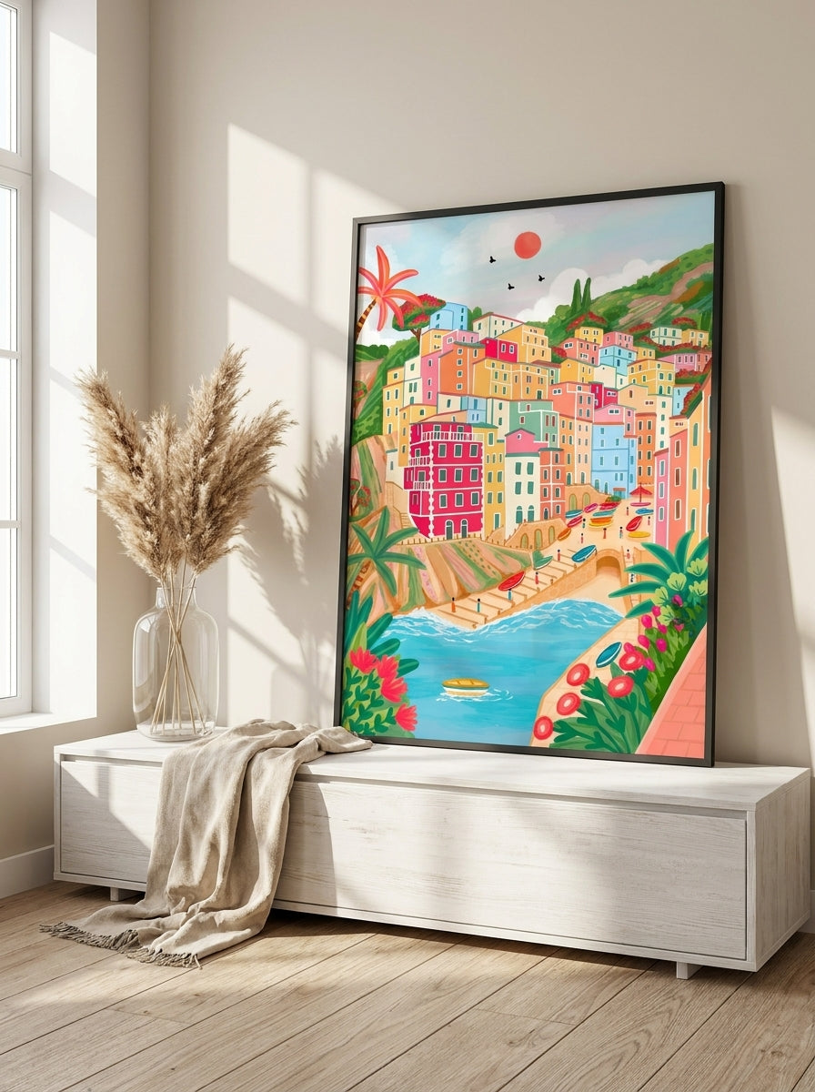 Modern wall art print standing on a console in a coastal bedroom