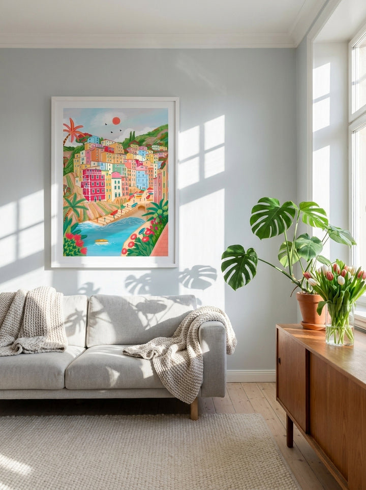 Modern wall art print styled on the wall in a bright Scandinavian living room