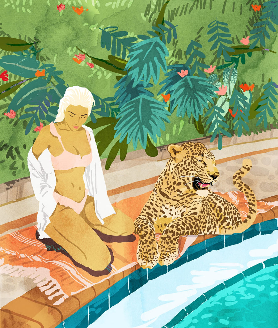Tropical Poolside Leopard By Uma Gokhale | Art & Canvas Print