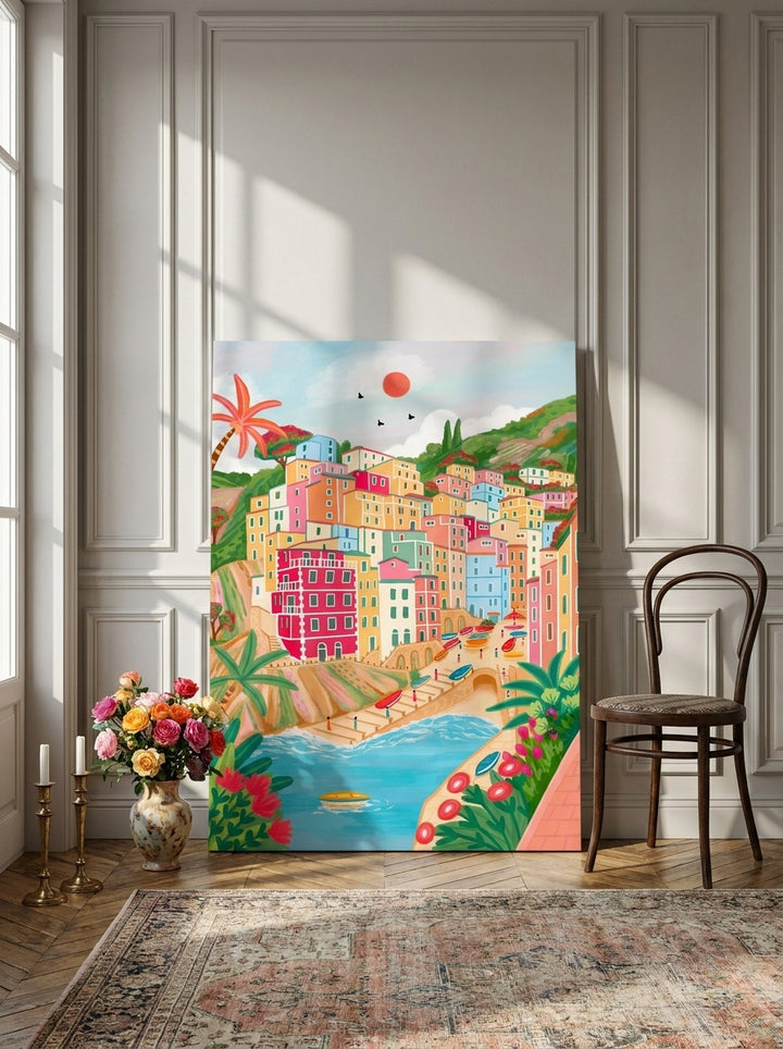 Stretched canvas wall art leaning against the wall in a Parisian bedroom