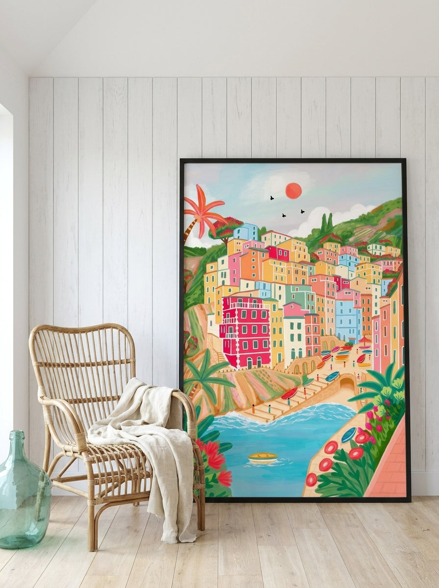 Oversized statement modern wall art print leaning against the wall in a coastal dining room